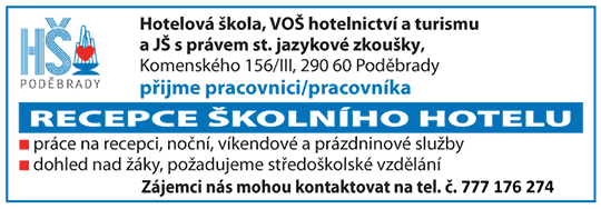 Hotelová škola Poděbrady přijme pracovnici/pracovníka do RECEPCE ŠKOLNÍHO HOTELU