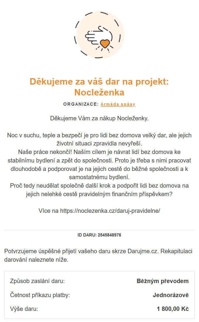 Potvrzení o daru - Projekt Nocleženka